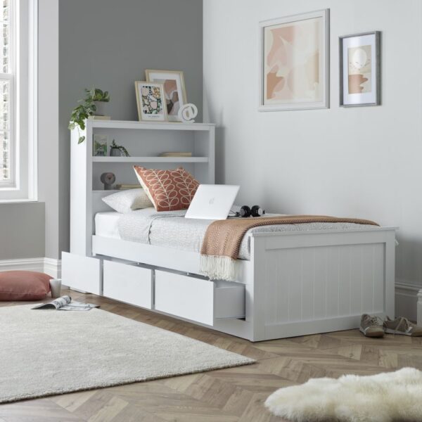 Enzo White Wooden 3 Drawer Bookcase Storage Bed Frame - 3ft Single